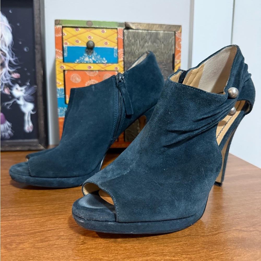 Nine West Peep Toe High Heel Booties Blue Suede